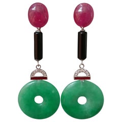 Art Deco Style Jade Ruby 14K Gold Diamonds Black Onyx Red Enamel Dangle Earrings