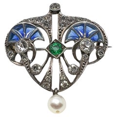 Art Nouveau c.1900 French Silver, Plique-à-Jour and Paste Antique Brooch