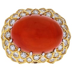 David Webb Platinum and 18 Karat Yellow Gold Oval Coral and Diamond 1970s Ring