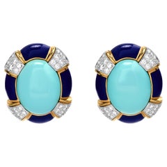 David Webb Turquoise, Lapis and Diamond Earrings in 18K Yellow Gold