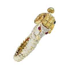 David Webb White Enamel Ram Animal Bangle with Rubies and Emeralds Bracelet