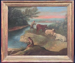 Romantic Light 18th Century Dutch Oil Pastoral Scene Bergers Cattle by River