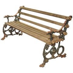 Early 1900s Cast Iron and Wood Bench with Dog Head and Serpent Supports