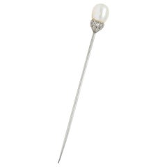 Edwardian Natural Freshwater Pearl Diamond Platinum Stickpin GIA