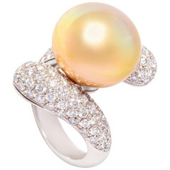 Golden Pearl Diamond Ring White Gold Crossover Design by Ella Gafter