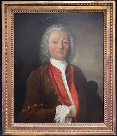 Large 1700's French Portrait of a Nobleman Red Waistcoat Oil Painting on Canvas