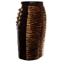 Gianni Versace black leather gold buckled skirt with animal print, fw 1994