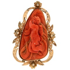 Handcraft Coral Angel 14 Karat Yellow Gold Diamonds Pendant Necklace