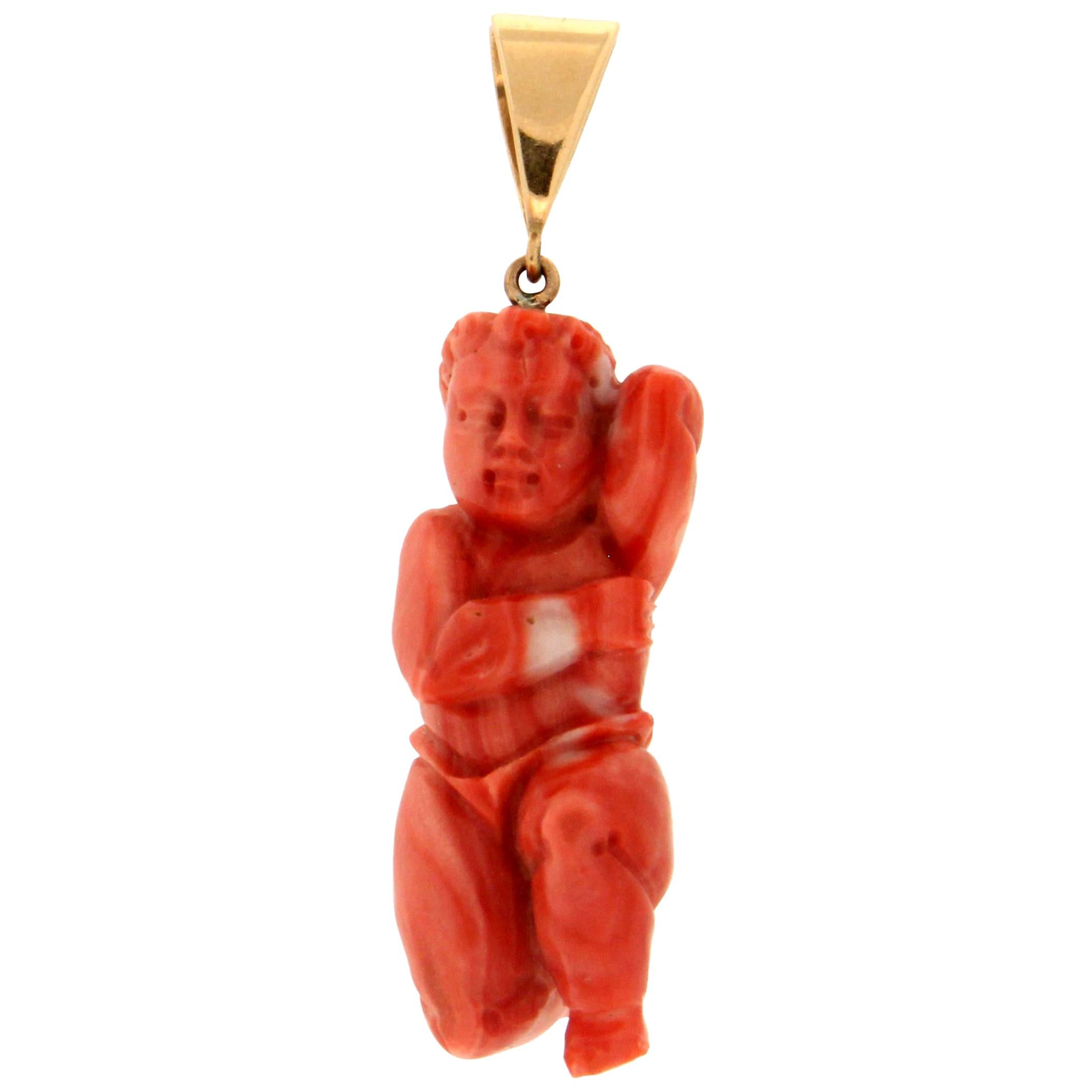 Handcraft Coral Angel 18 Karat Yellow Gold Pendant Necklace For Sale