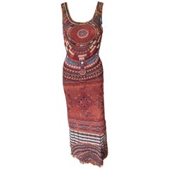 Jean Paul Gaultier Soleil Bodycon African Beads Print Mesh Maxi Dress