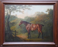 Saddled Hunter Horse in a Landscape - British Old Master equine art oil painting