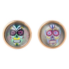 Michael Kanners Reverse Enamel Rock Crystal Rose Gold Skull Mask Cufflinks