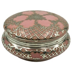 Ornate Antique Sterling Silver Pink Porcelain Vanity Powder Jar Trinket Box