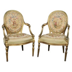 Pair 18th Century Gilded French Louis XVI Style Aubusson Upholstered Armchairs 