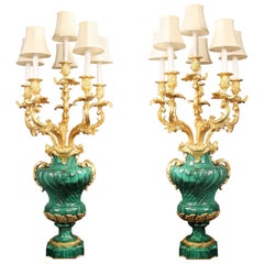 Palatial Pair of Late 19th Century Gilt Bronze Mounted Malachite Candelabra