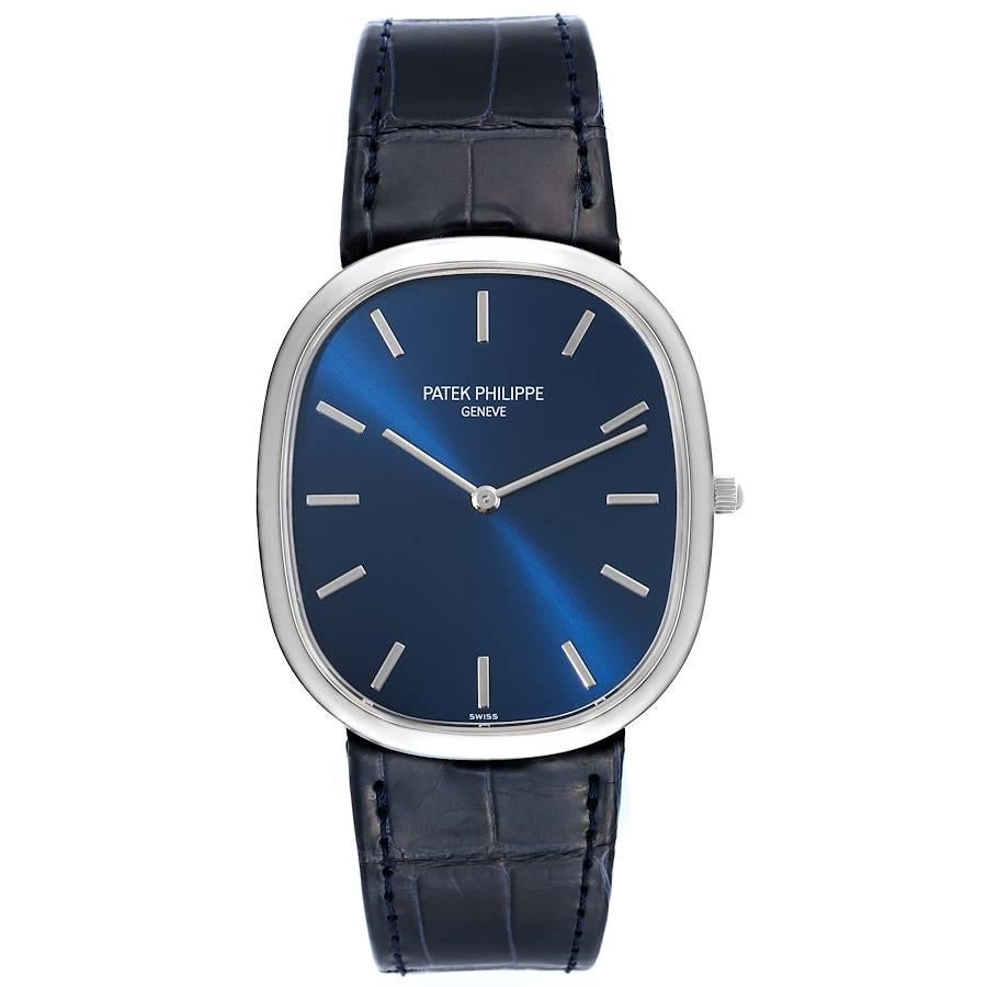 Patek Philippe Golden Ellipse Grande Taille Platinum Blue Dial Watch 5738. Automatic self-winding lever movement. Platinum ultra-thin case 34.5 x 39.5 mm. T-bar lugs. . Scratch resistant sapphire crystal. Blue sunburst dial with raised gold baton