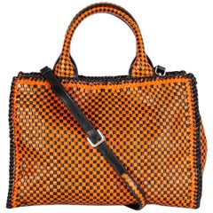 PRADA orange & black woven leather MADRAS Tote Shoulder Bag