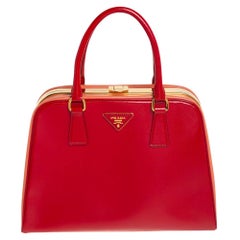 Prada Red/Orange Saffiano Parent Leather Pyramid Frame Top Handle Bag