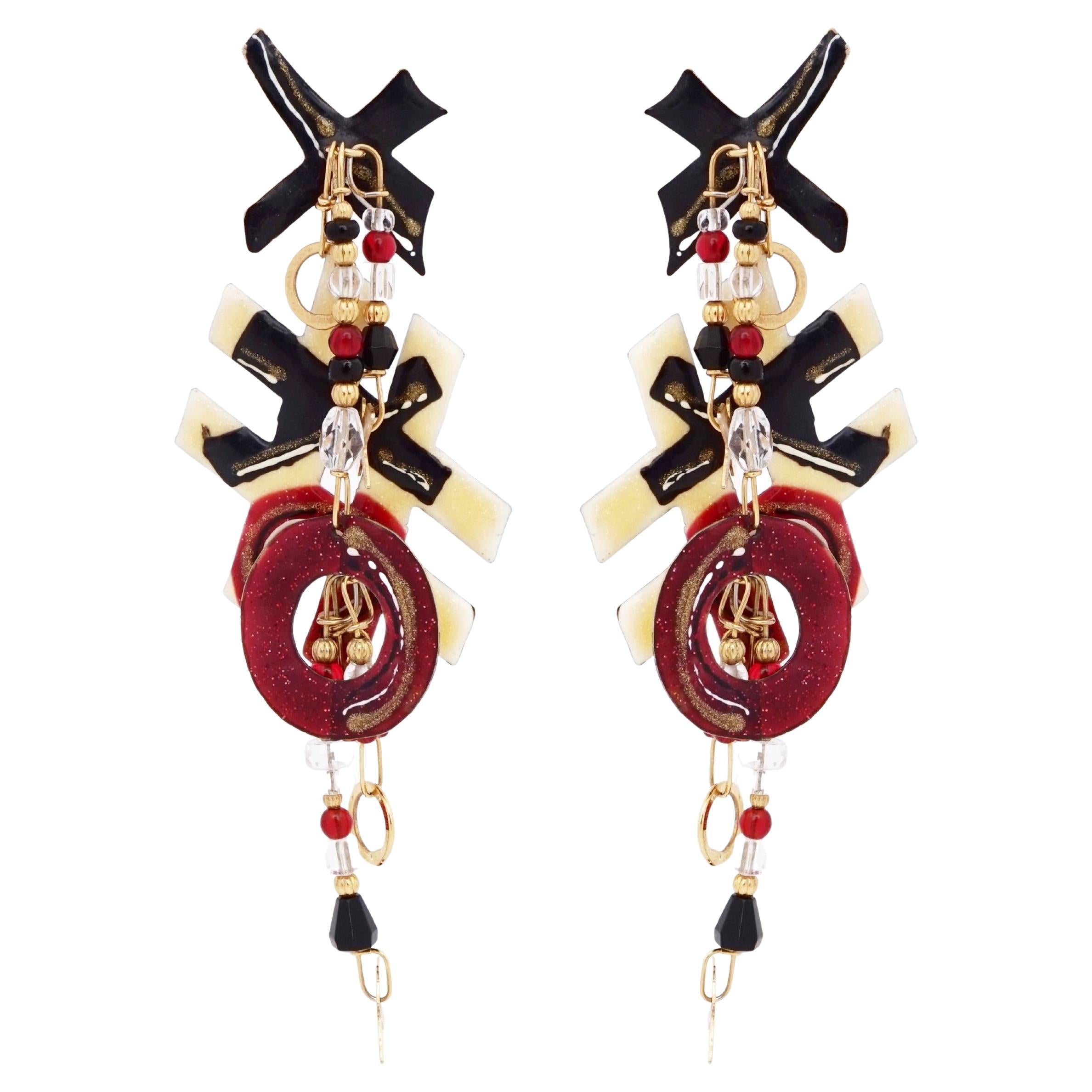 Red & Black Enamel "XO" Dangle Statement Earrings By Lunch At The Ritz, 1980s For Sale