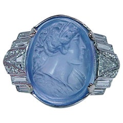 Sapphire Carved Cameo Diamond Ring Platinum GIA Sri Lanka No Heat