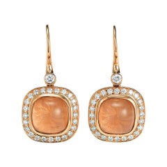 Square Dangle Earrings 18k Rose Gold 50 Diamonds 1.10 ct 2 Rose Quartz Cabochon