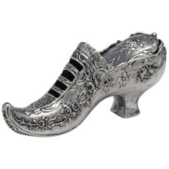 Victorian Novelty Sterling Silver Trinket Box Modelled as a Shoe