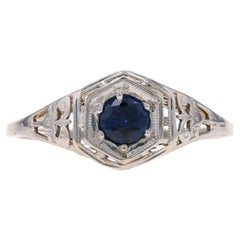 White Gold Sapphire Art Deco Solitaire Ring - 18k Rd.32ct Vintage Engagement