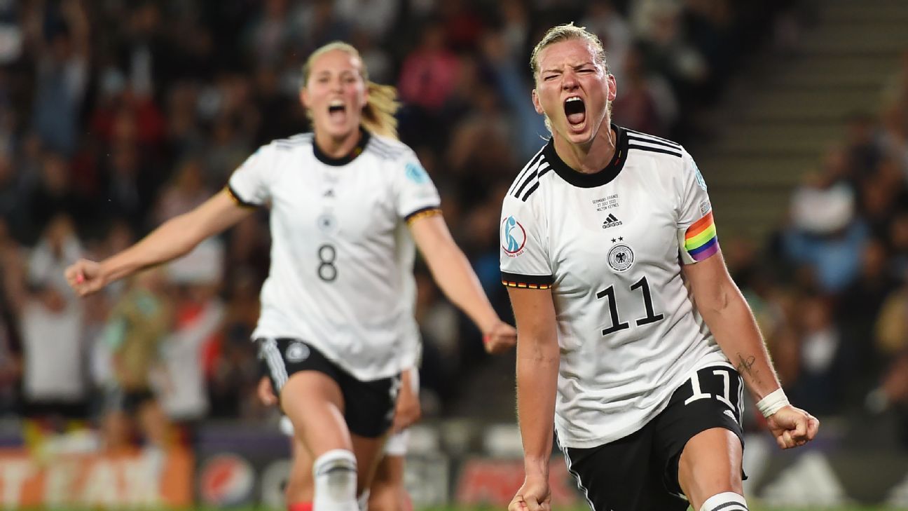 Alexandra Popp celebrates after scoring a goal for Germany at the Women's Euro during a win over France.