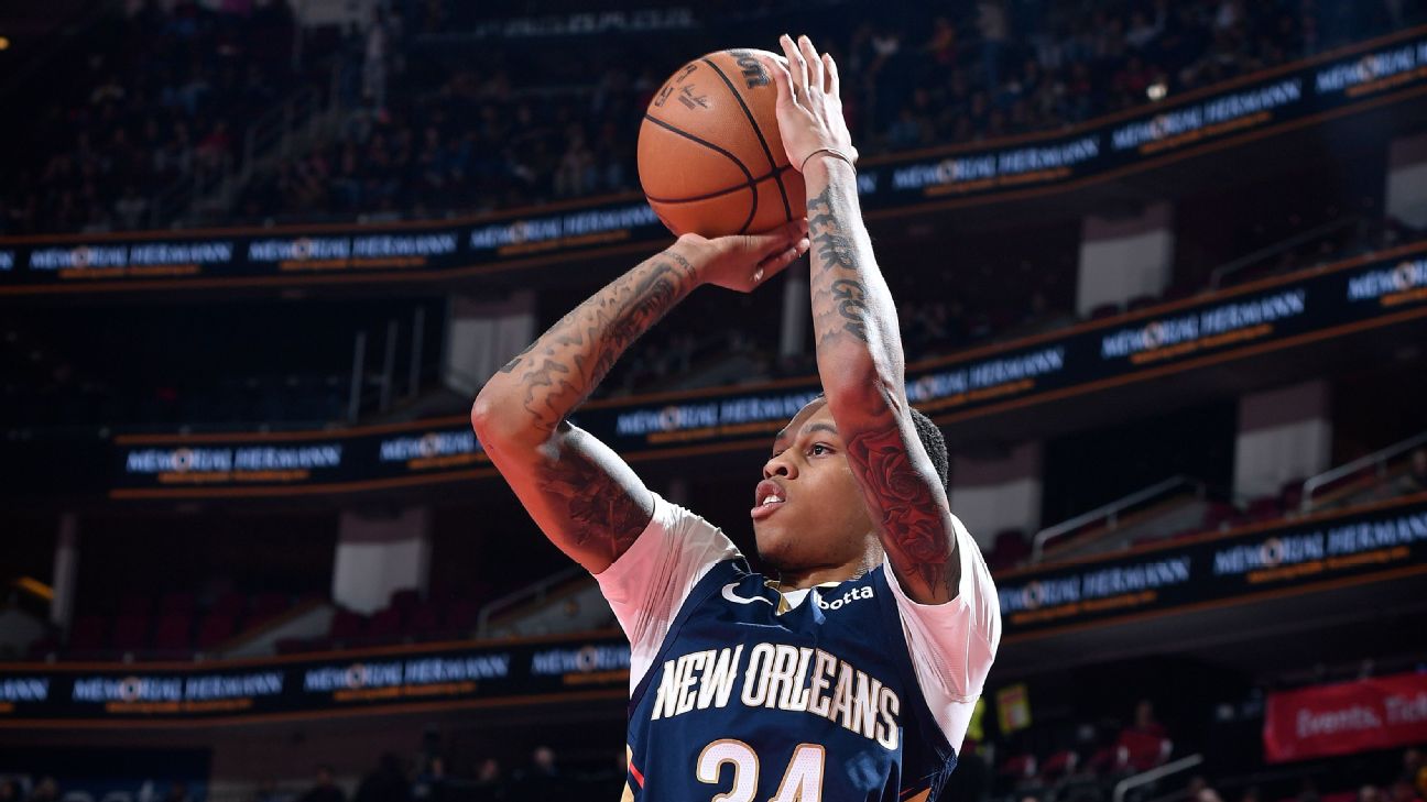 Jordan Hawkins #24 of the New Orleans Pelicans shoots a three point basket during the game against the Houston Rockets during the In-Season Tournament on November 10, 2023 at the Toyota Center in Houston, Texas. 