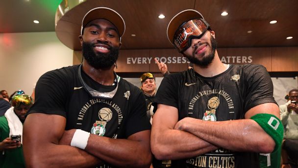 Jaylen Brown #7 and Jayson Tatum #0 of the Boston Celtics pose