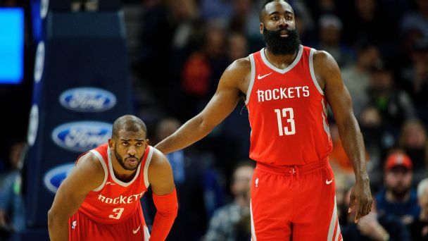 Chris Paul #3 and James Harden #13 of the Houston Rockets look on 