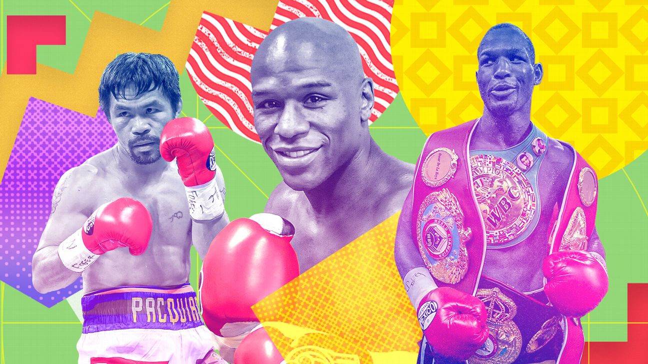 Manny Pacquiao, left, Floyd Mayweather, center, and Bernard Hopkins' head shots in front of a colorful background. 