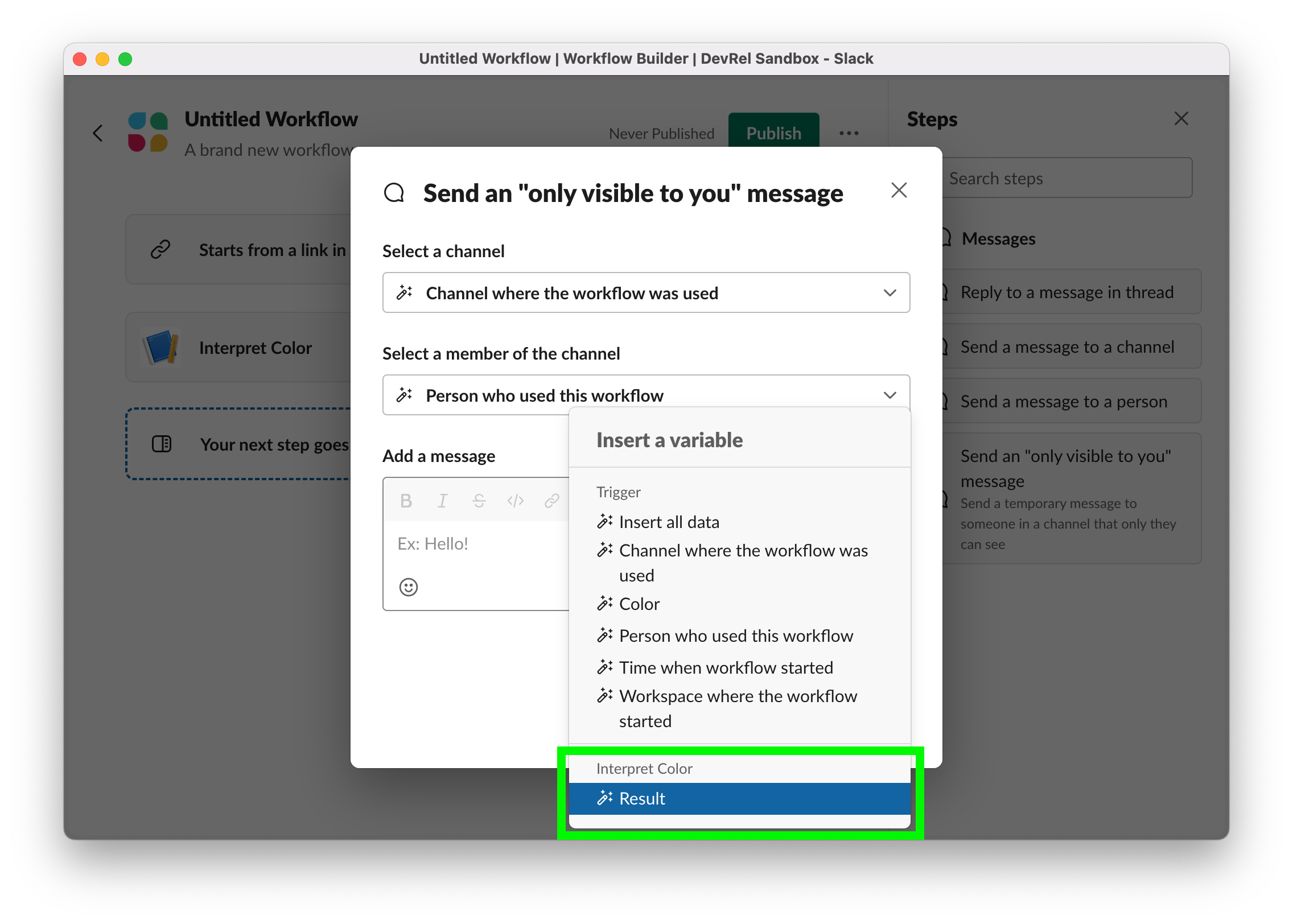 Selecting custom function output for ephemeral message step in Workflow Builder