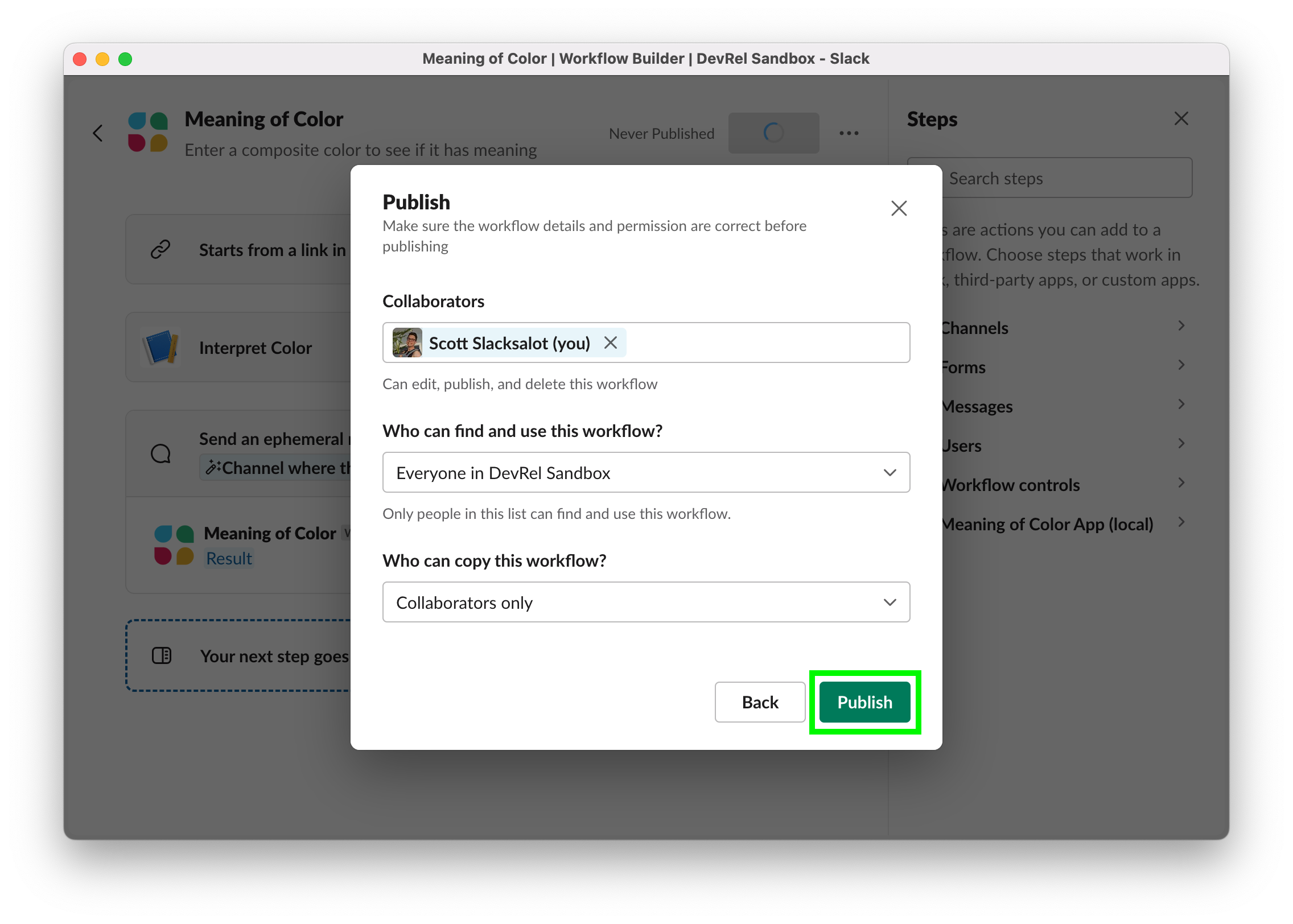 Final publishing checks in Workflow Builder