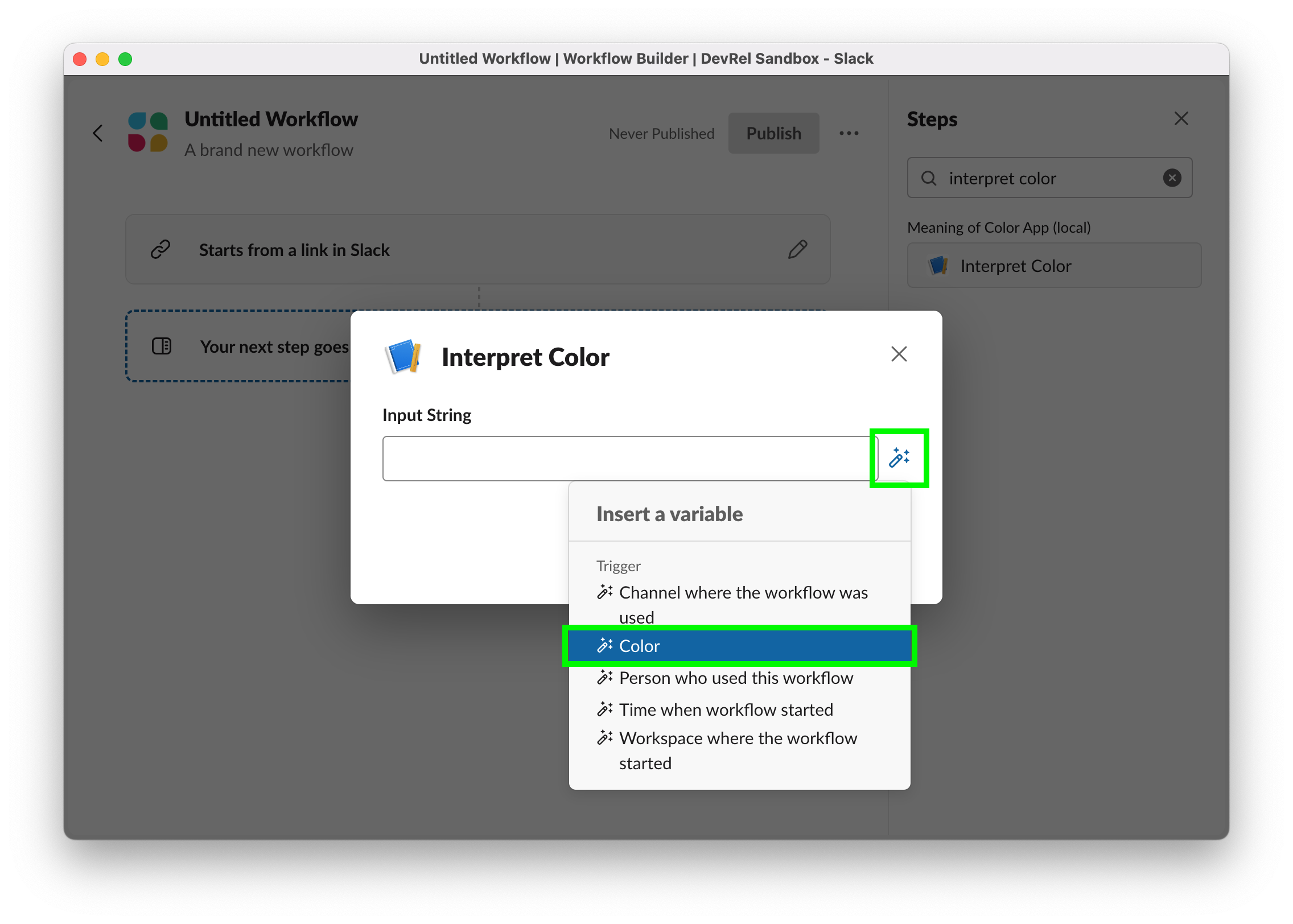 Selecting custom input for function input in Workflow Builder