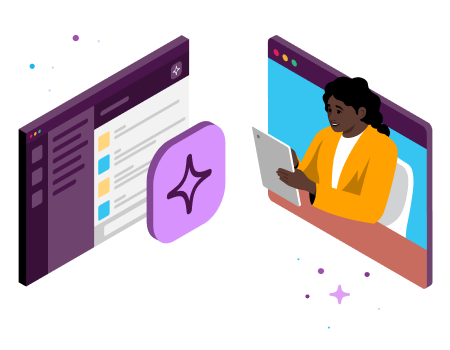 An illustration of a person working within a Slack window across from a Slack AI-powered interface.