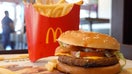 A McDonald&apos;s McPlant Beyond Meat burger is displayed with french fries at a McDonald&apos;s restaurant on February 14, 2022 in San Rafael, California.