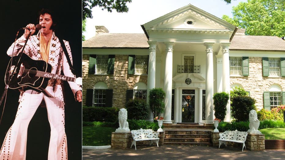 Elvis Presley singing and Graceland mansion