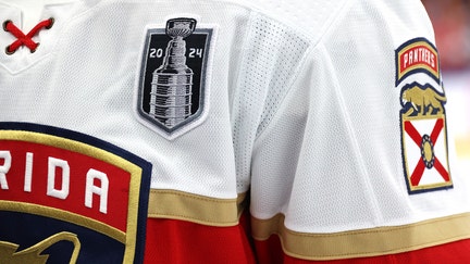 EDMONTON, ALBERTA - JUNE 13: A detailed view of the Stanley Cup logo is seen on a jersey during warm ups before Game Three of the 2024 Stanley Cup Final between the Florida Panthers and the Edmonton Oilers at Rogers Place on June 13, 2024 in Edmonton, Alberta. (Photo by Dave Sandford/NHLI via Getty Images)
