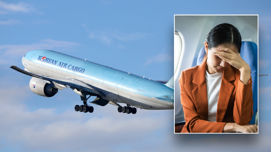 Split image of sick passenger and Korean Air plane