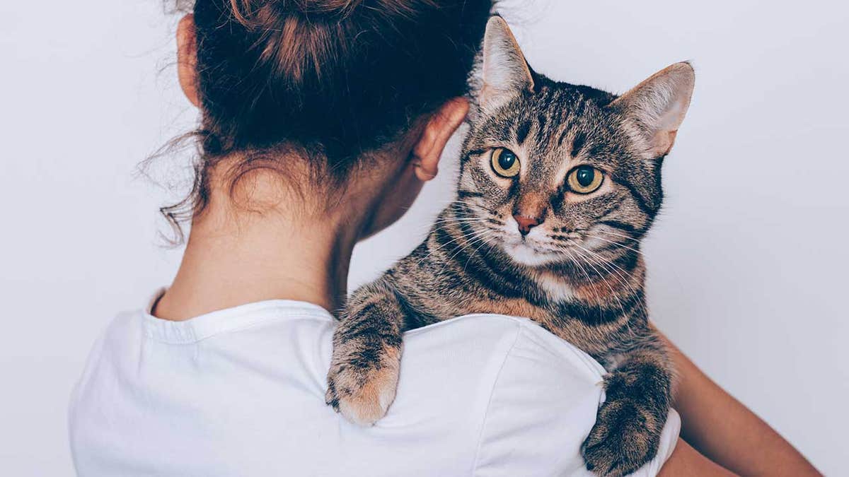 Woman holds pet cat