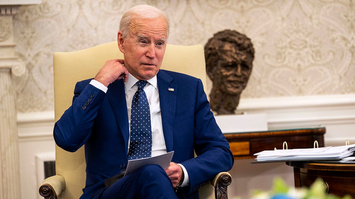 President Biden meets with members of the Congressional Asian Pacific American Caucus Executive Committee in the Oval Office at the White House on April 15, 2021 in Washington, D.C. (Photo by Doug Mills-Pool/Getty Images)