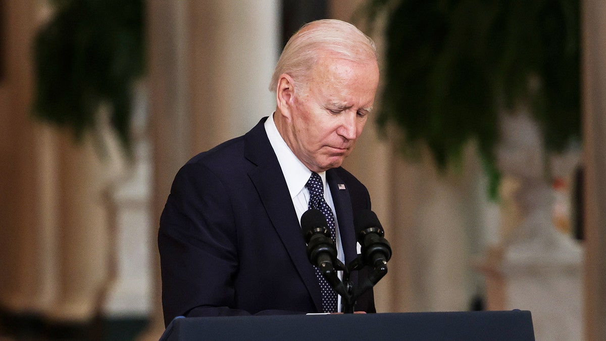WASHINGTON, DC - JUNE 02: U.S. President Joe Biden departs the podium after delivering remarks on the recent mass shootings from the White House on June 2, 2022 in Washington, D.C.