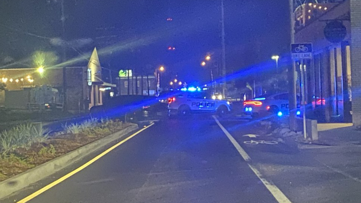 Police cars with lights on road near railroad tracks