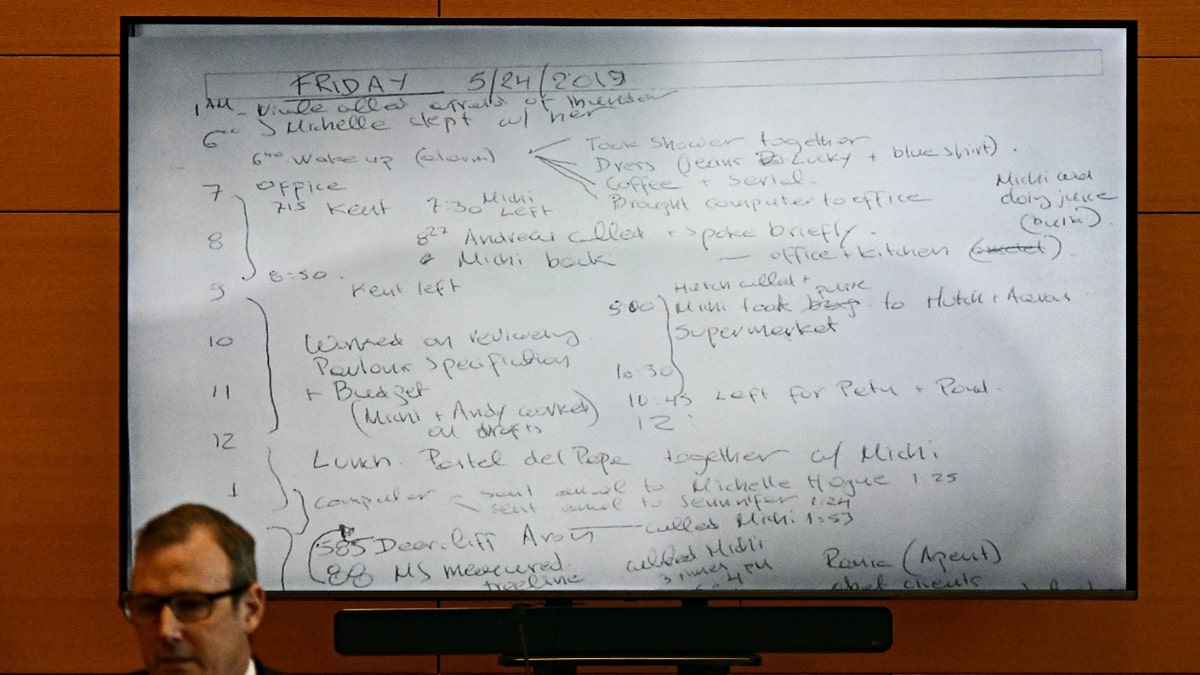 Retired state police evidence officer Matthew Reilly speaks about a document depicting a timeline found in Fotis Dulos' Farmington home on day nine of Michelle Troconis' criminal trial at Connecticut Superior Court in Stamford, Conn., Wednesday, Jan. 24, 2024.