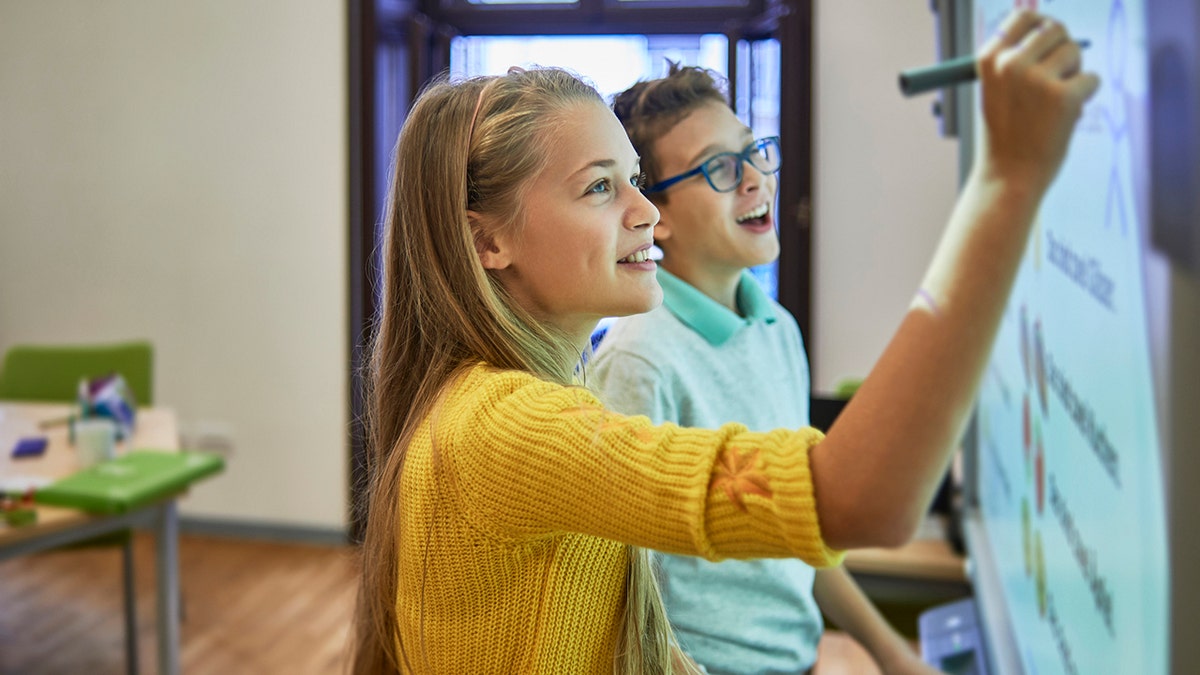 teens work at school together