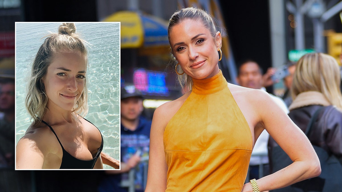 Kristin Cavallari in a black bikini shows off her body split Kristin Cavallari in a orange dress poses in New York