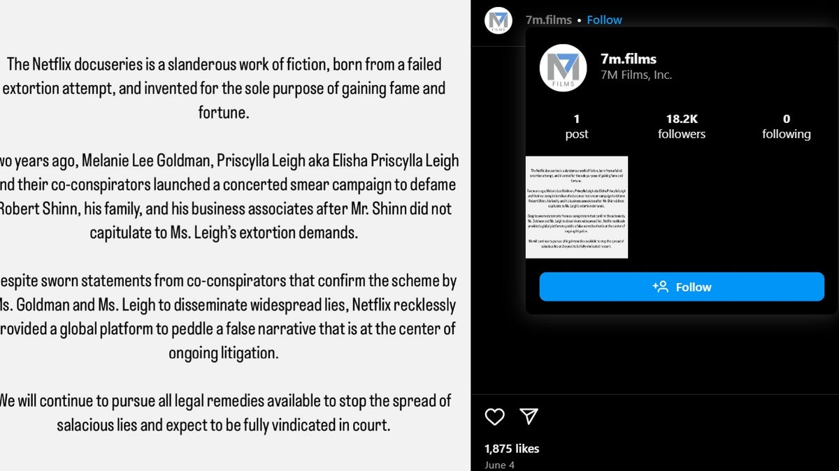 7M Films only public response to the Netflix documentary accusing the head of the company, Robert Shinn, and 7M of being a cult. It's the only post on the company's Instagram.