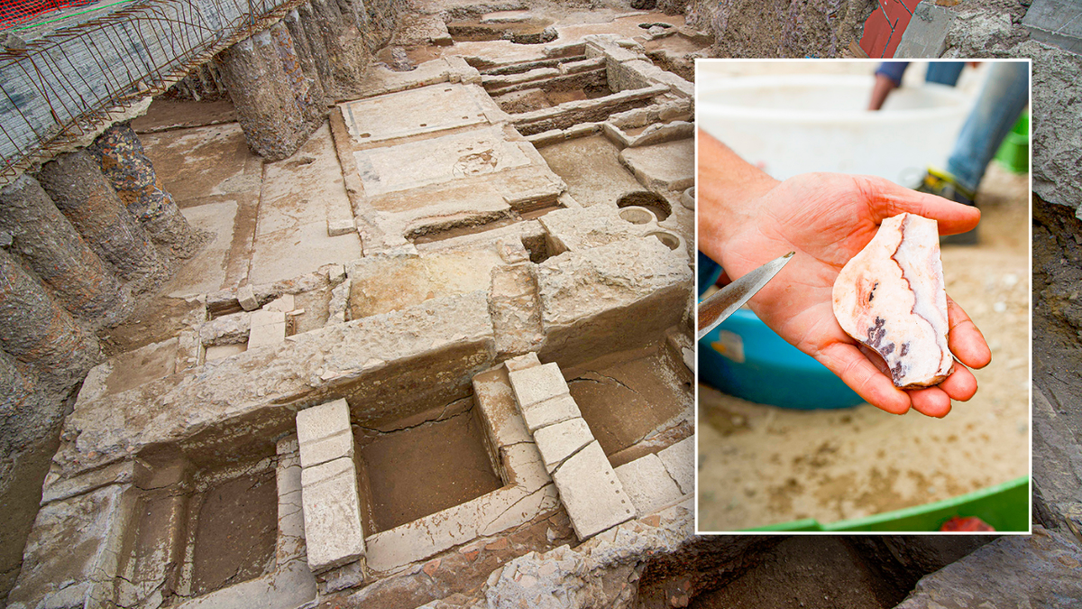 Split image of hand holding shard and ancient laundry site