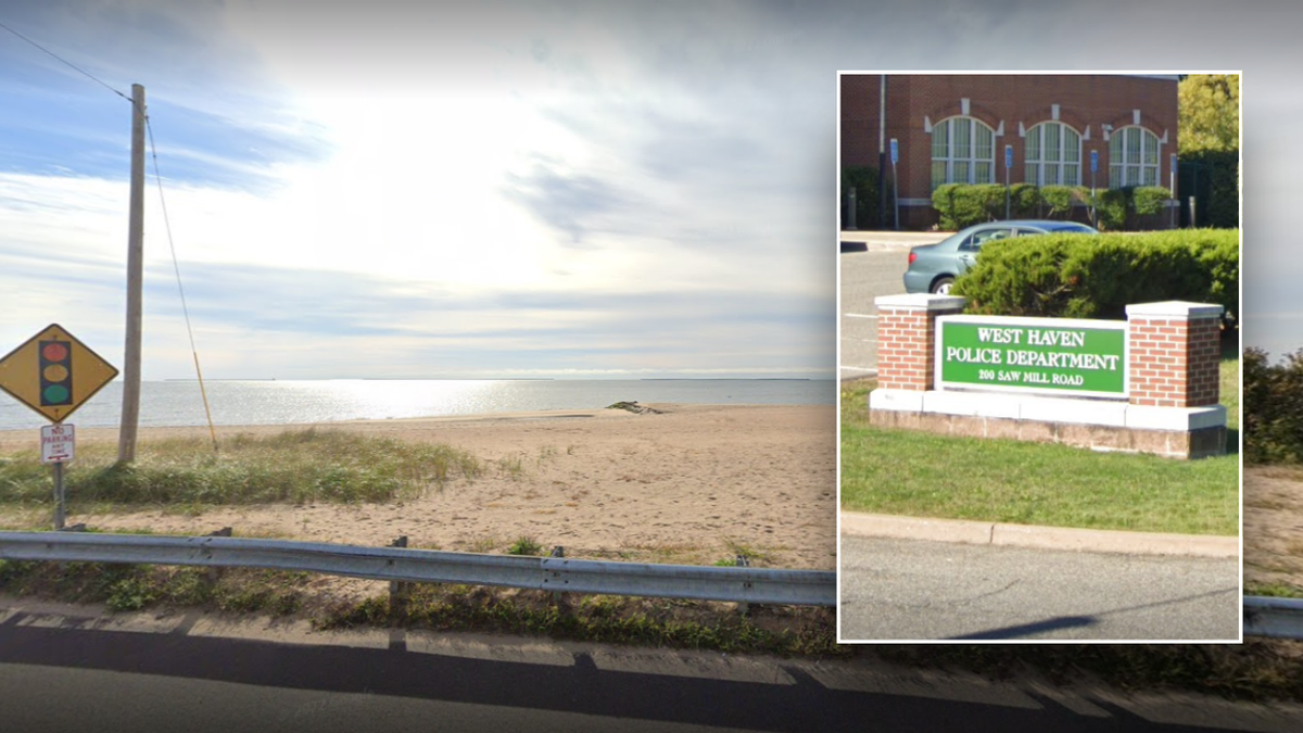 Split image of beach and police department